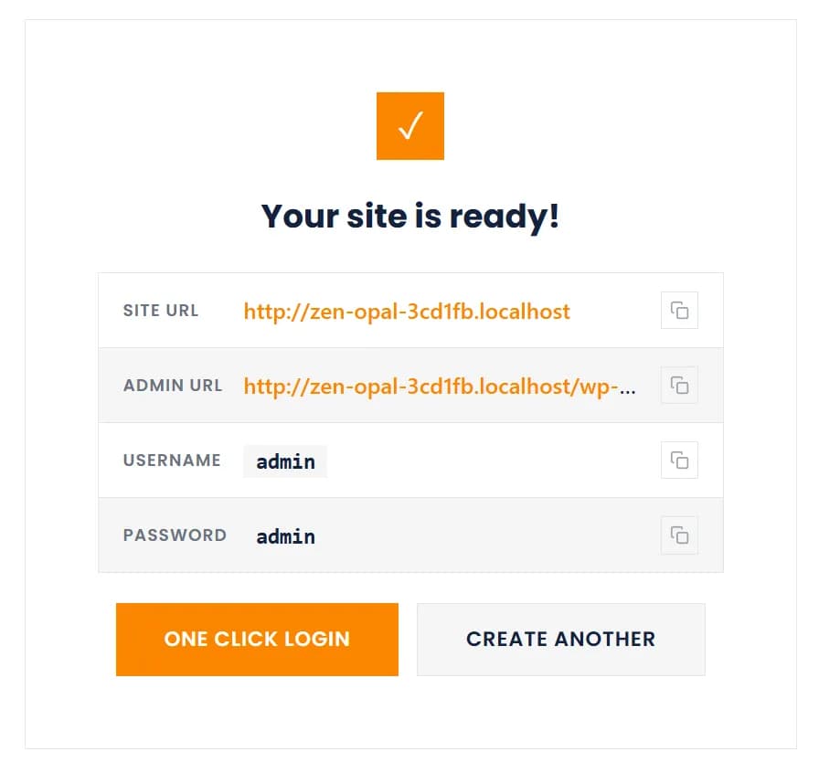 Site ready — URL, admin URL, credentials, and one-click login