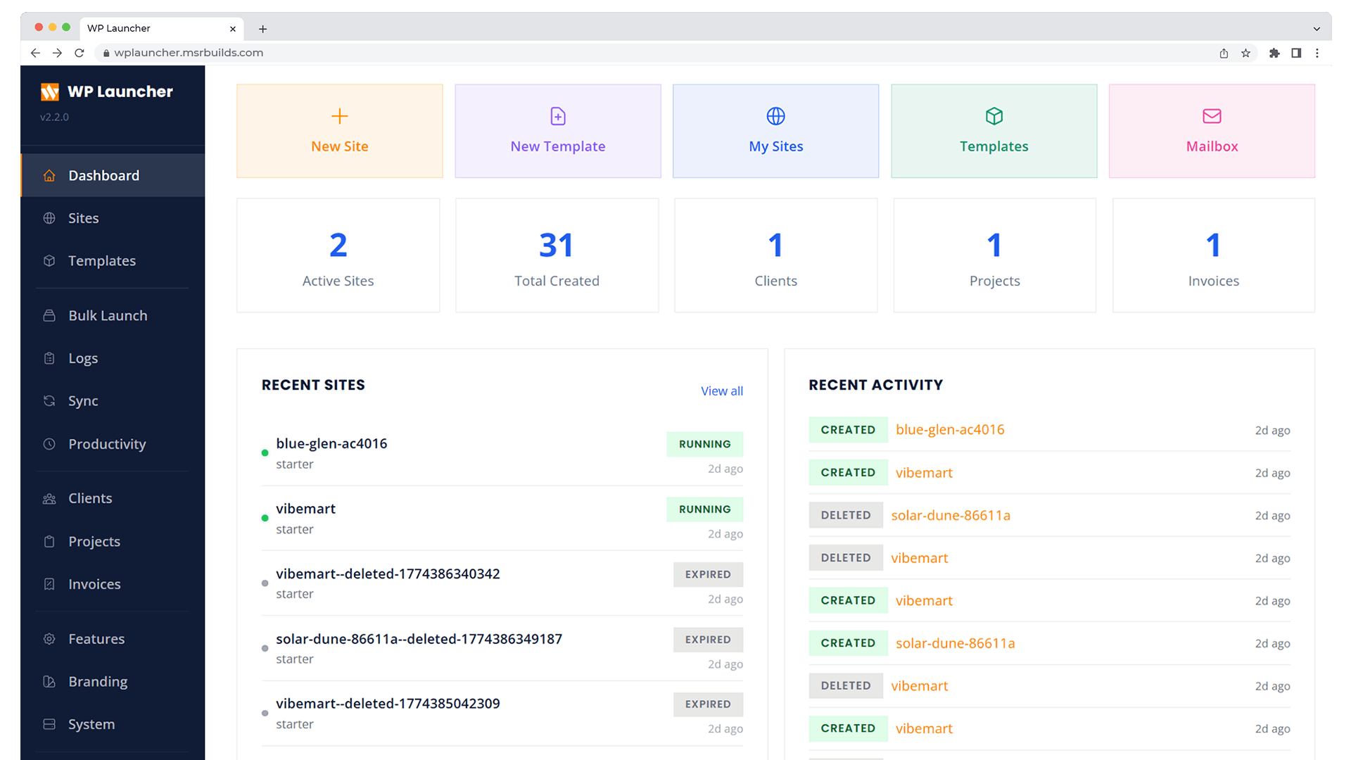 WP Launcher Local Mode — Dashboard showing site management, templates, and activity
