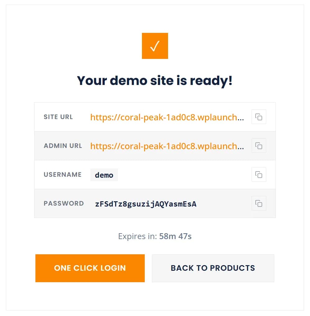 Demo site ready with credentials and expiry countdown