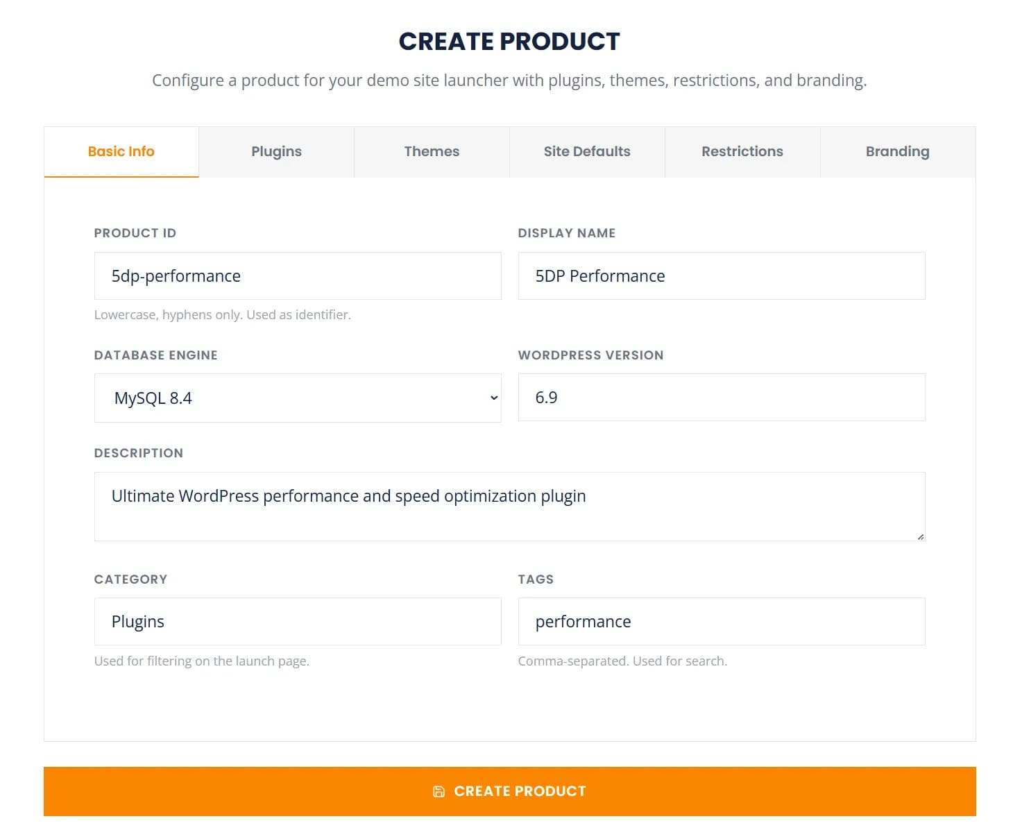 Create Product — configure plugins, themes, restrictions, and branding for demo sites