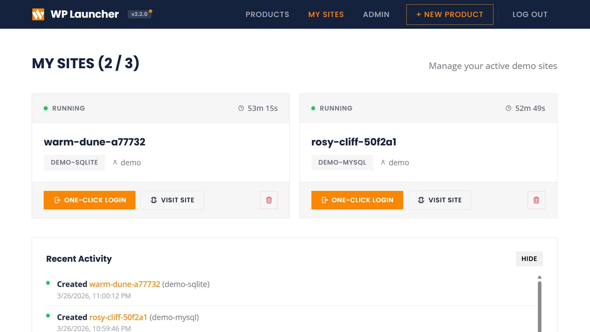 My Sites — manage active demo sites with one-click login
