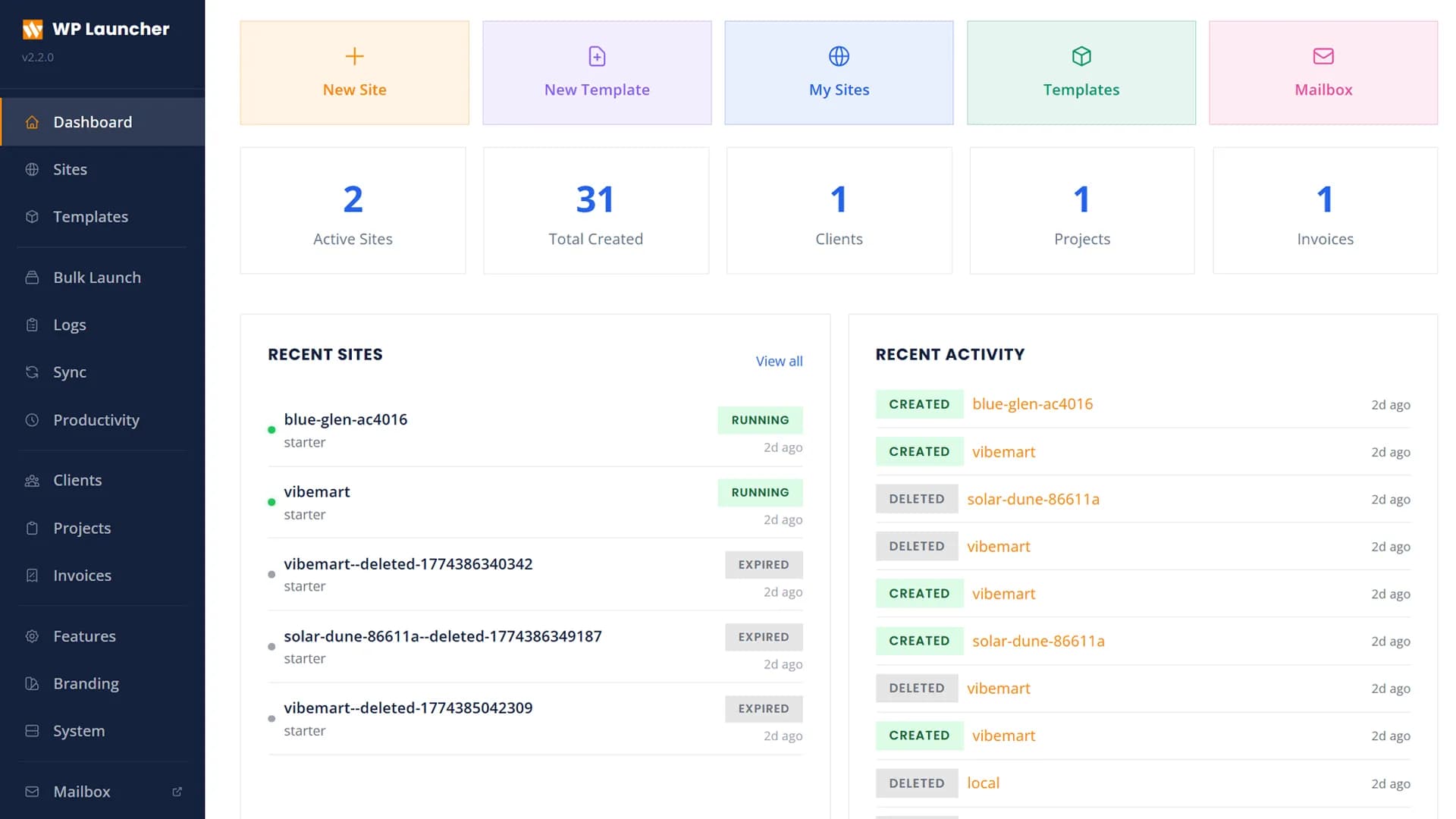 Local Mode — Dashboard with site management, templates, and activity log