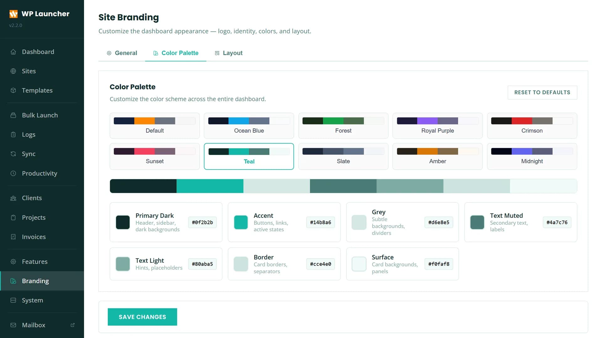 Site Branding — color palette customization with presets and custom hex values