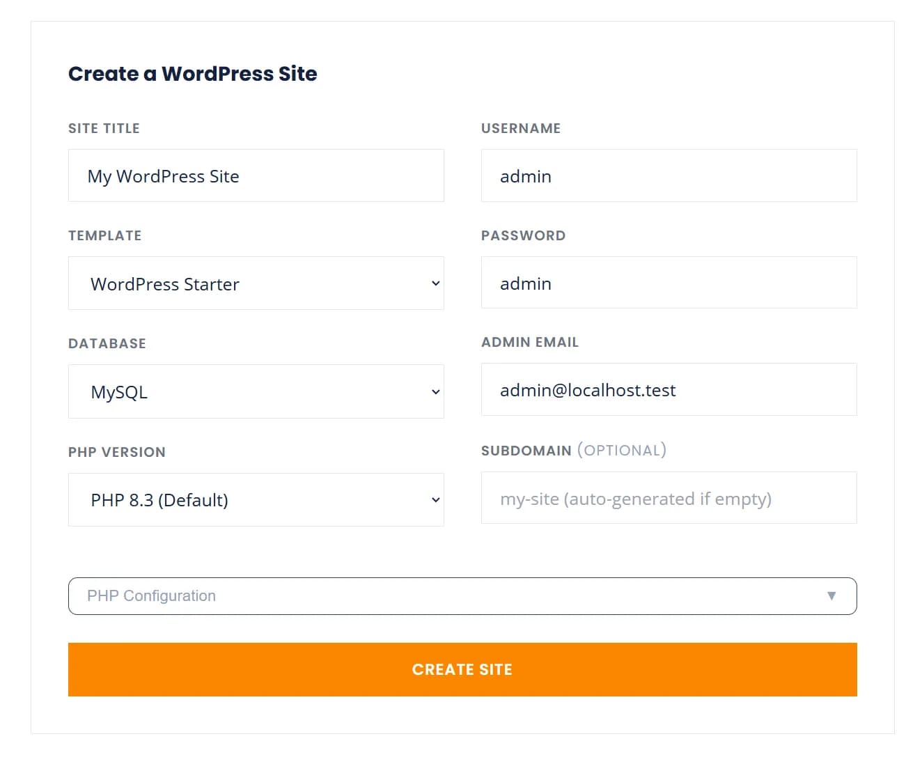 Create a WordPress Site form — choose template, database, PHP version