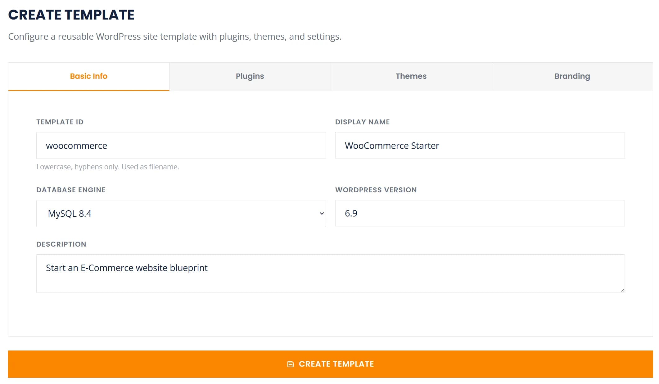 Create Template — configure database, WordPress version, plugins, themes, and branding